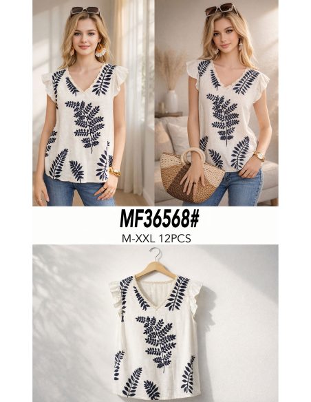 Leinentop mit gestickten Blättern und V-Ausschnitt