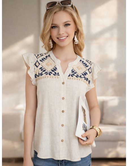 Chemisier en lin à broderies géométriques et boutons