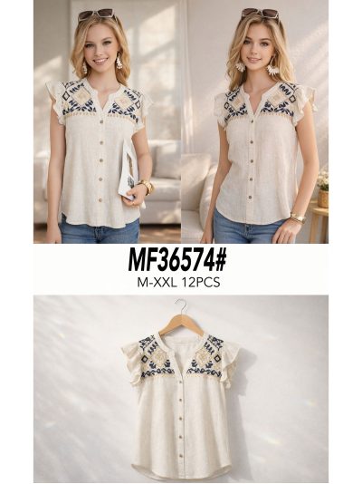 Blusa lino con bordado geométrico y botones 2