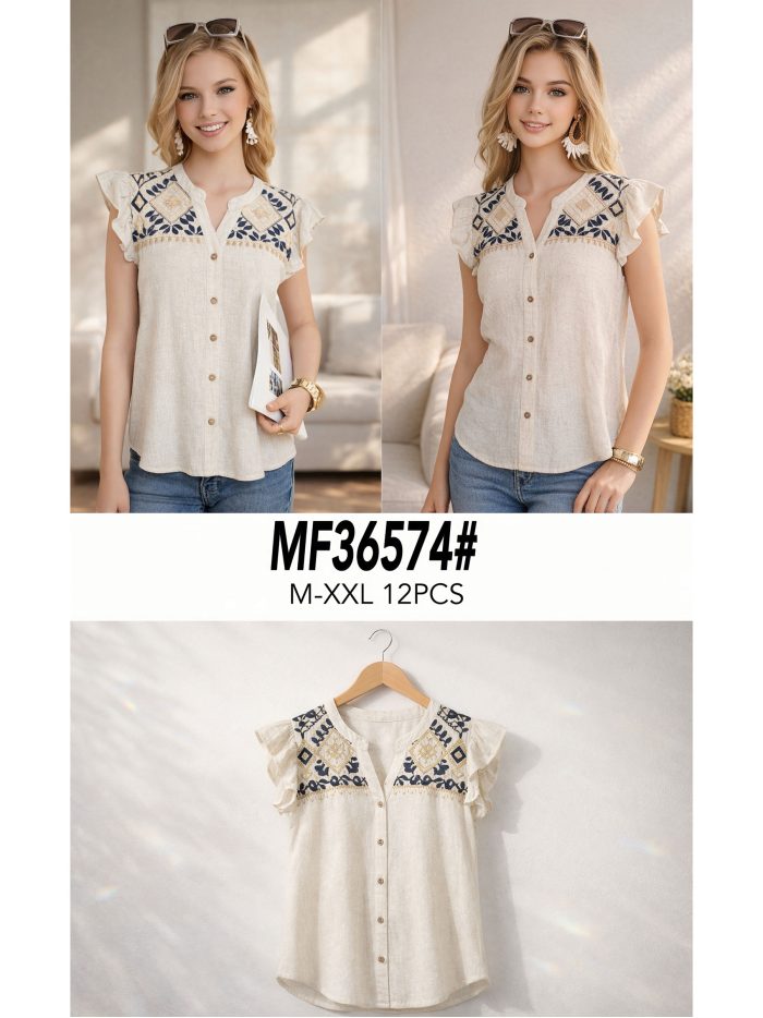 Chemisier en lin à broderies géométriques et boutons