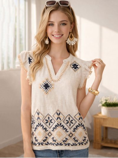 Blusa lino con bordado geométrico y escote pico