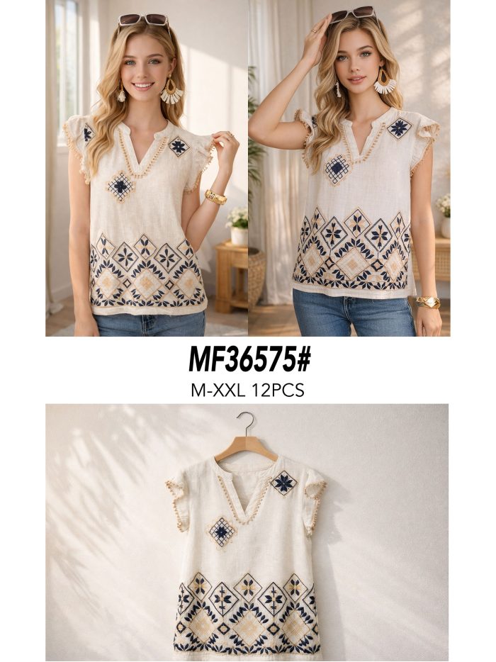 Blusa lino con bordado geométrico y escote pico