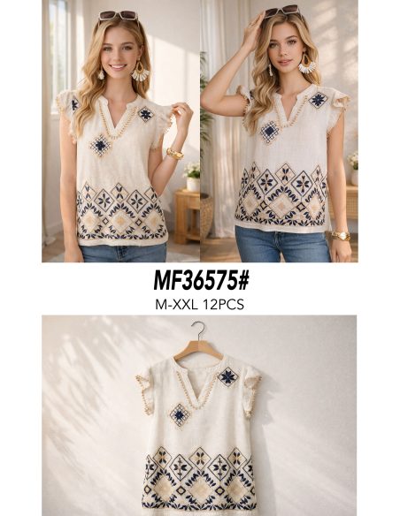 Blusa lino con bordado geométrico y escote pico