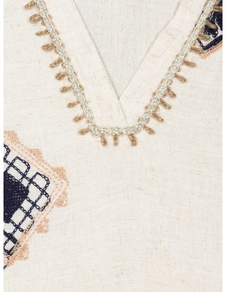 Blusa lino con bordado geométrico y escote pico