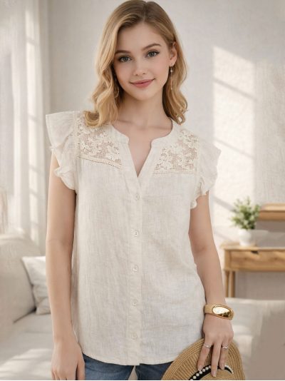 Blusa lino encaje en hombros y botones