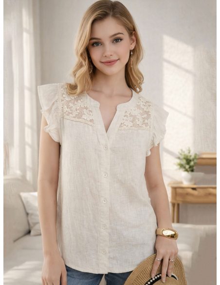 Blusa lino encaje en hombros y botones