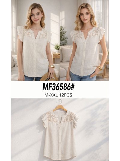 Blusa lino encaje en hombros y botones 2