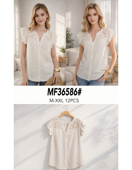 Blusa lino encaje en hombros y botones