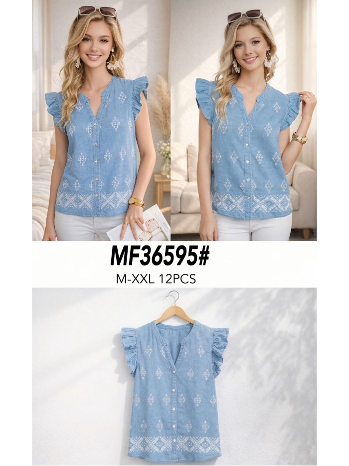 Blusa símil denim bordado y volantes