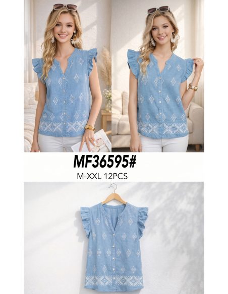 Blusa símil denim bordado y volantes