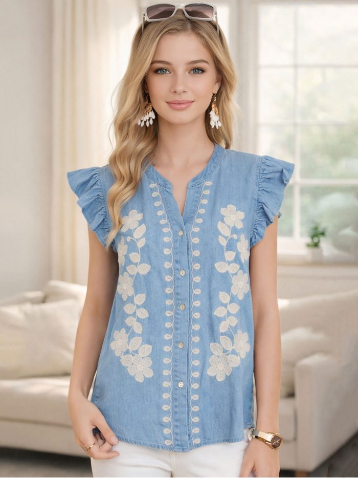 Blusa símil denim bordada flores volantes