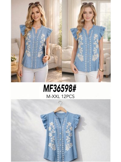 Blusa símil denim bordada flores volantes 2
