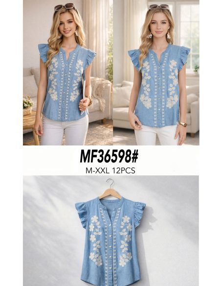 Blusa símil denim bordada flores volantes