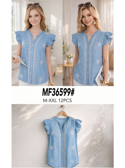 Blusa símil denim bordada botones y volantes 2