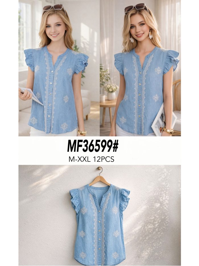 Blusa símil denim bordada botones y volantes