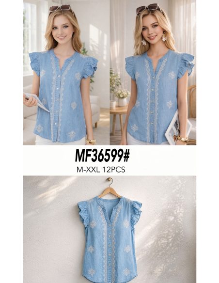 Blusa símil denim bordada botones y volantes