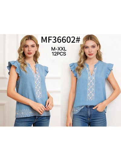 Blusa símil denim bordado y volantes 2