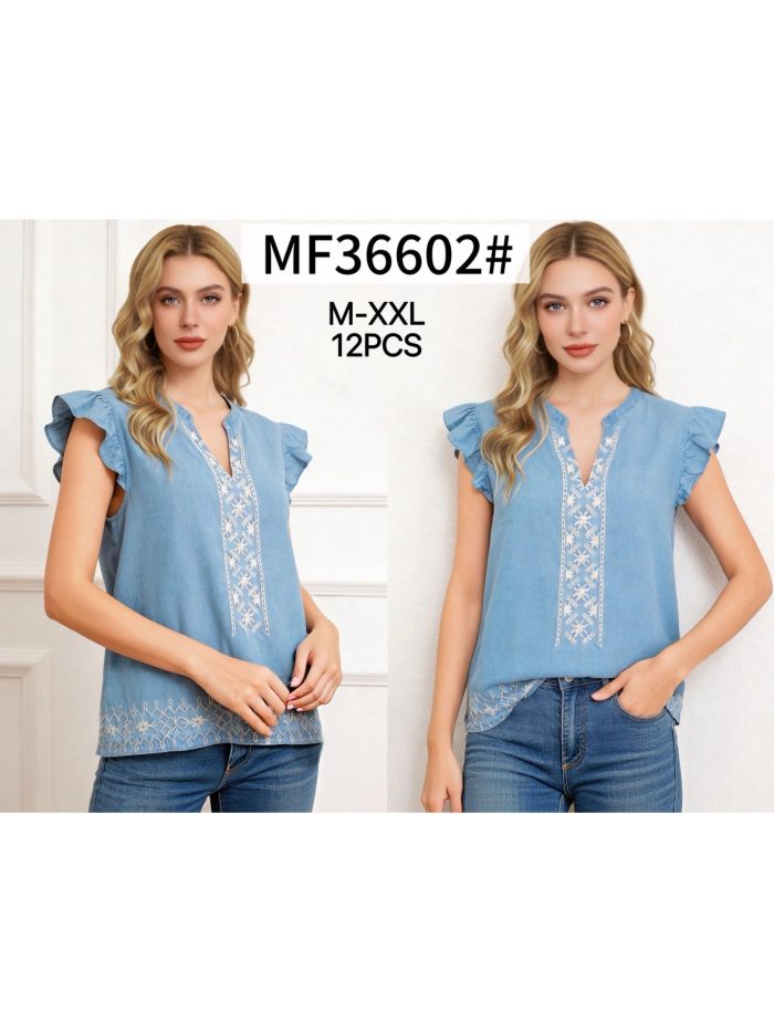 Blusa símil denim bordado y volantes