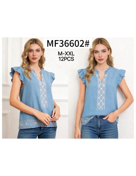 Blusa símil denim bordado y volantes