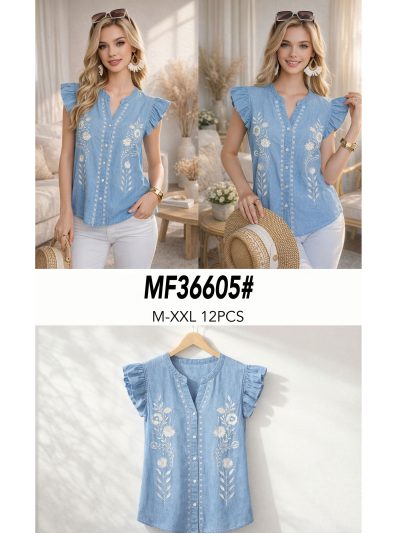 Chemisier effet denim brodé de fleurs et de boutons 2