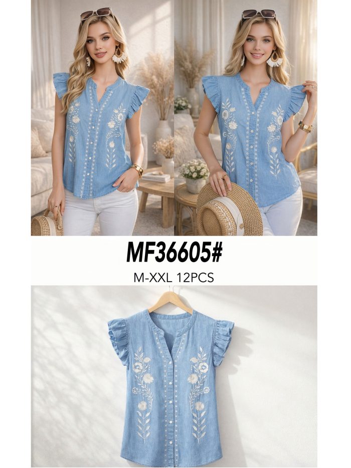 Chemisier effet denim brodé de fleurs et de boutons