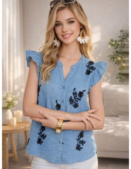 Blusa símil denim bordado lentejuelas