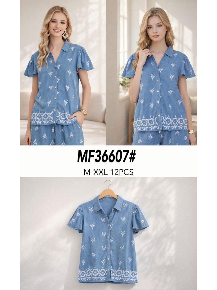 Camisa símil denim bordada cenefa y botones