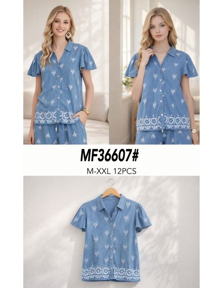 Camisa símil denim bordada cenefa y botones