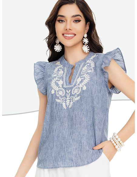 Blusa bordada volantes y escote pico