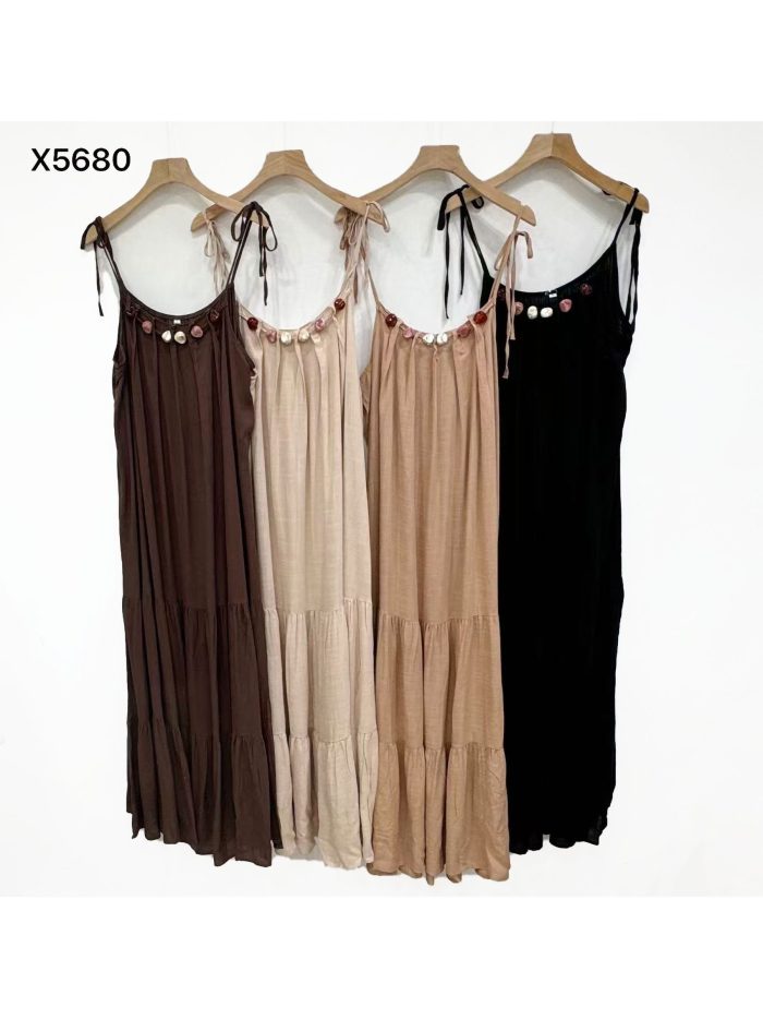 Vestido largo efecto lino volantes con abalorios y tirantes anudados