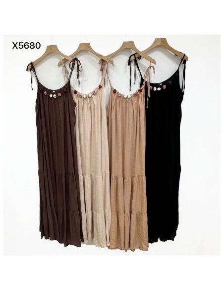 Vestido largo efecto lino volantes con abalorios y tirantes anudados