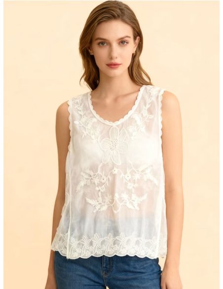 Blusa sin mangas bordada con puntilla