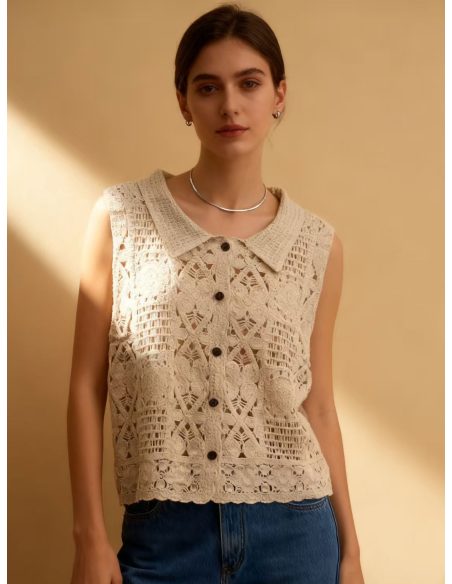 Chaleco de crochet con cuello solapa y botones