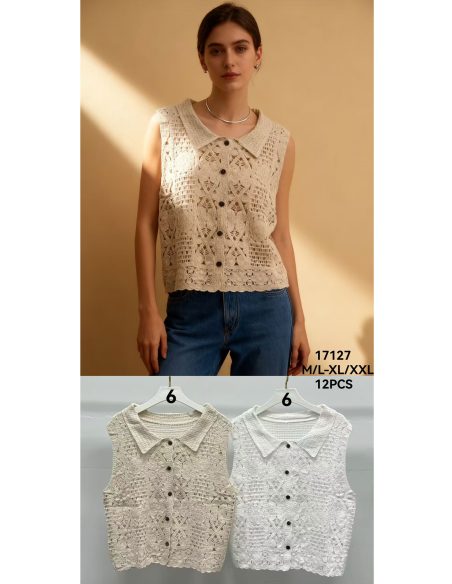 Chaleco de crochet con cuello solapa y botones