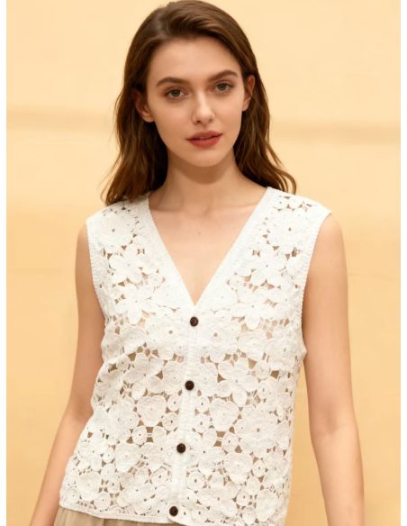 Floral crochet button-up vest