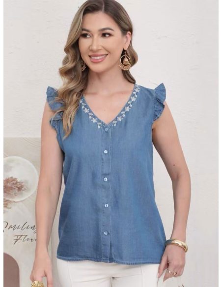 Denim ruffle v-neck embroidered blouse