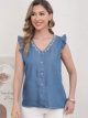 Denim ruffle v-neck embroidered blouse