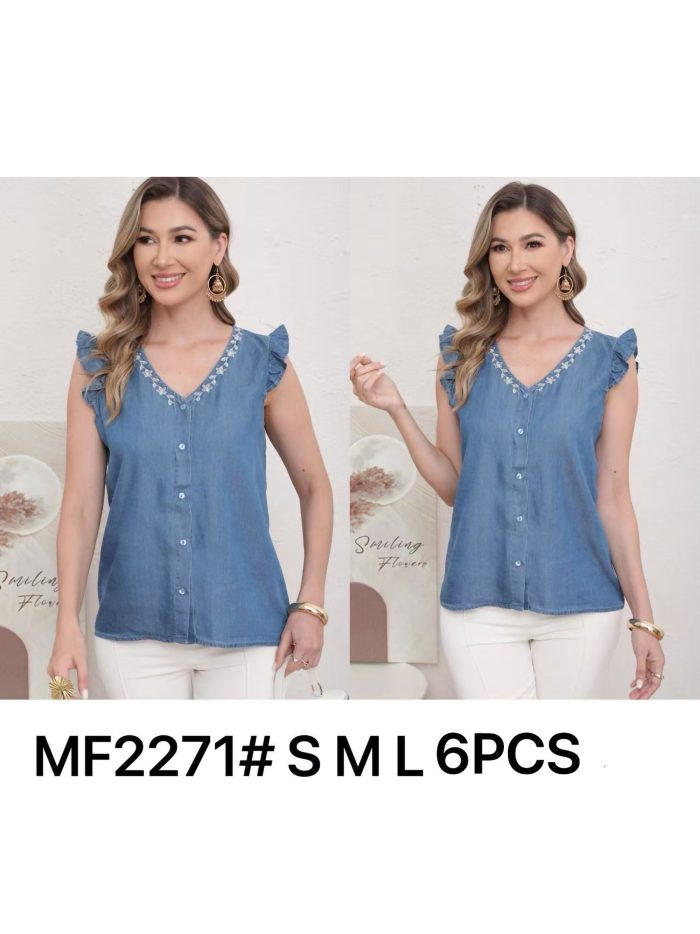 Denim ruffle v-neck embroidered blouse