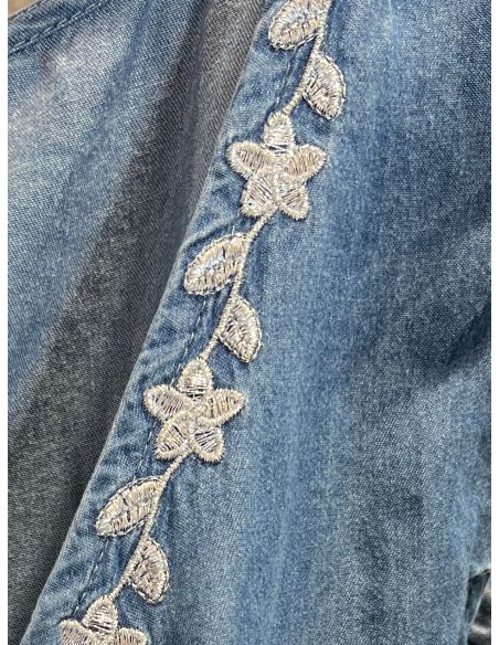 Denim ruffle v-neck embroidered blouse