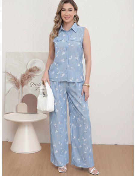 Ensemble effet lin à imprimé feuilles : chemise sans manches et pantalon