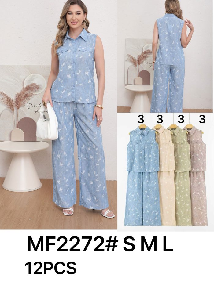 Ensemble effet lin à imprimé feuilles : chemise sans manches et pantalon