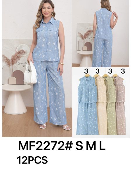 Ensemble effet lin à imprimé feuilles : chemise sans manches et pantalon