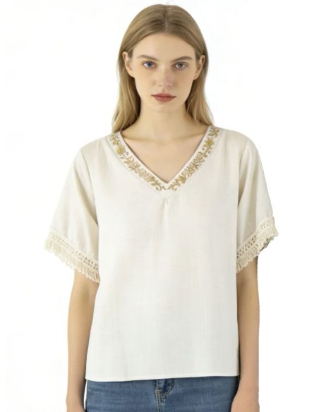 Bluse in Leinenoptik mit V-Ausschnitt und Spitze