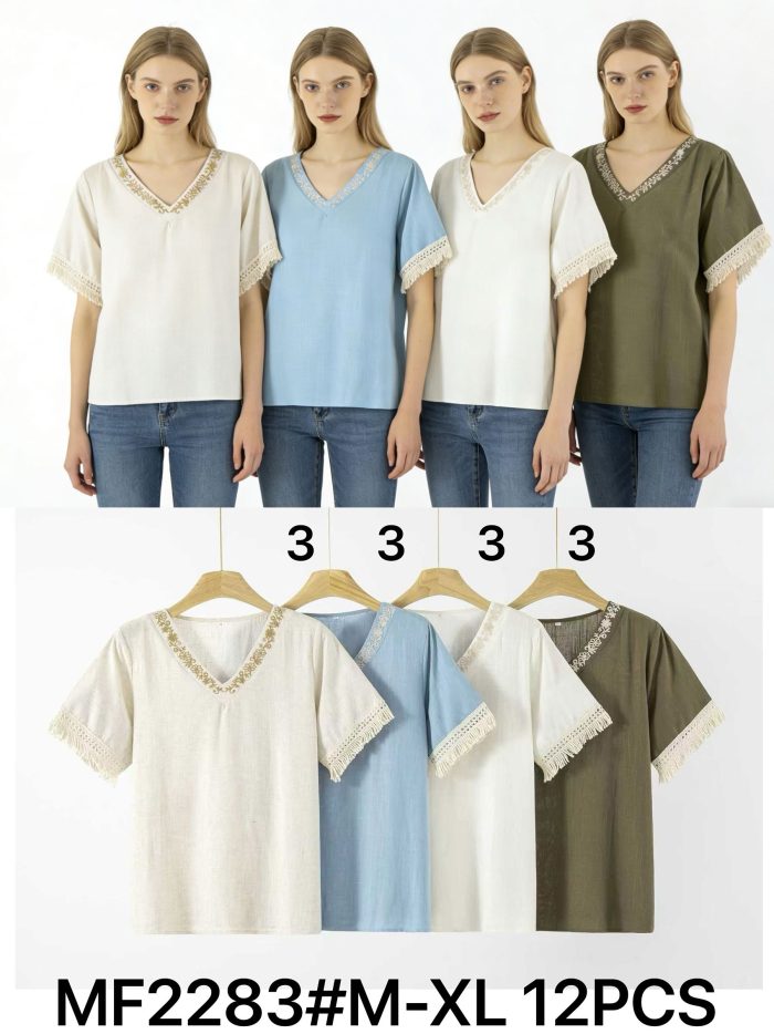 Bluse in Leinenoptik mit V-Ausschnitt und Spitze