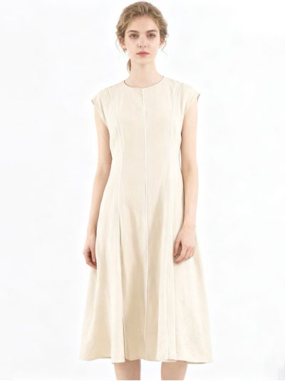 Vestido midi evasé sin mangas ribete en contraste