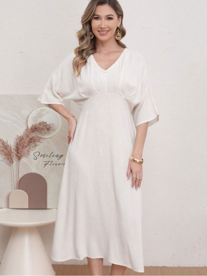 Robe midi en lin avec taille élastiquée et détails en strass