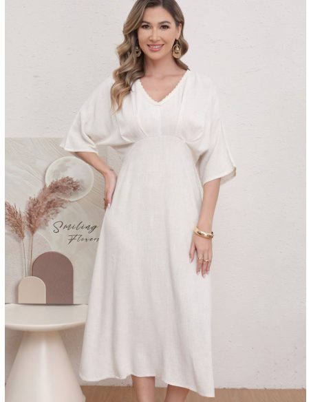 Robe midi en lin avec taille élastiquée et détails en strass