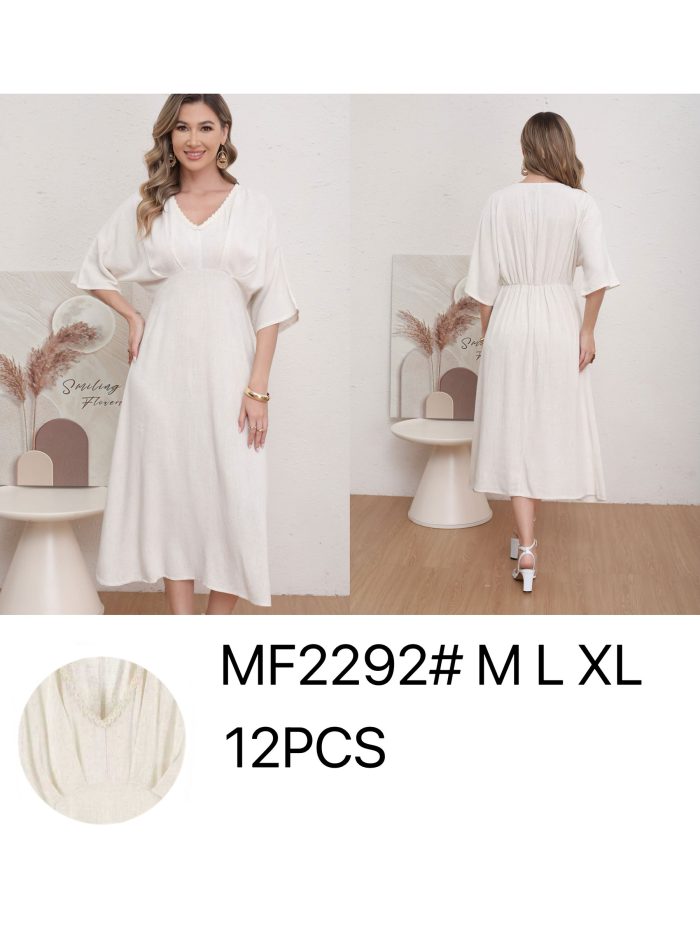 Robe midi en lin avec taille élastiquée et détails en strass