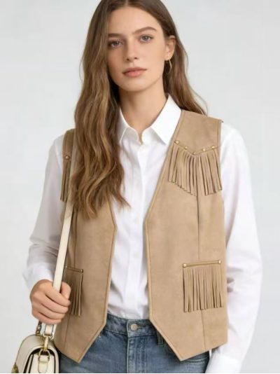 Chaleco de antelina con flecos y tachas