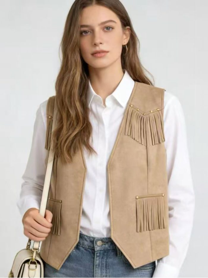Chaleco de antelina con flecos y tachas